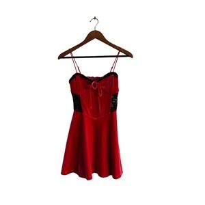 Urban Outfitters Red Velvet Mini Dress Black Lace Trim Tie Front‎ XS